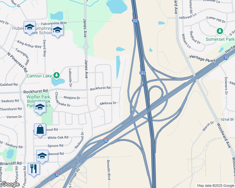 map of restaurants, bars, coffee shops, grocery stores, and more near 279 Stonegate Road in Bolingbrook