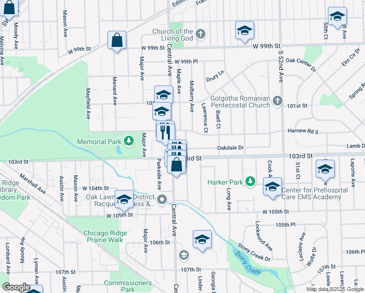 map of restaurants, bars, coffee shops, grocery stores, and more near 10230 Washington Avenue in Oak Lawn