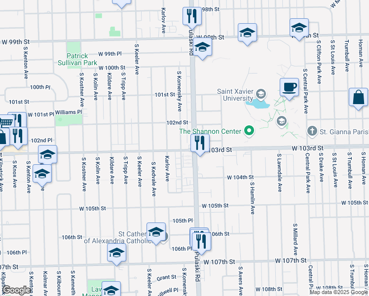 map of restaurants, bars, coffee shops, grocery stores, and more near 4014 West 103rd Street in Oak Lawn
