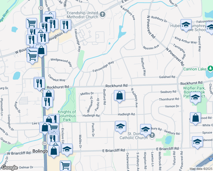 map of restaurants, bars, coffee shops, grocery stores, and more near 932 Rockhurst Road in Bolingbrook