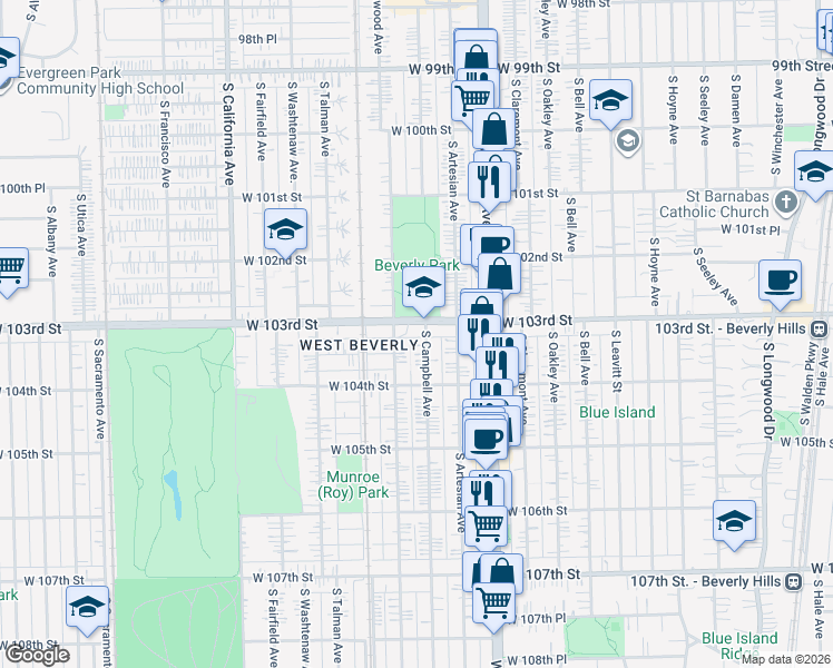 map of restaurants, bars, coffee shops, grocery stores, and more near 10301 South Campbell Avenue in Chicago