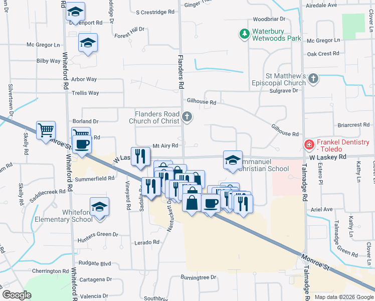 map of restaurants, bars, coffee shops, grocery stores, and more near 4655 Mallory Court in Toledo