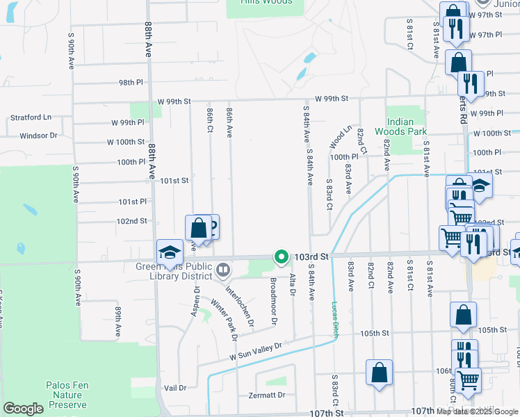 map of restaurants, bars, coffee shops, grocery stores, and more near 8556 102nd Terrace in Palos Hills