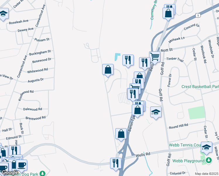 map of restaurants, bars, coffee shops, grocery stores, and more near 18 Tinsmith Crossing in Wethersfield