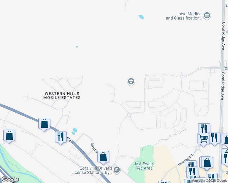 map of restaurants, bars, coffee shops, grocery stores, and more near Jones Boulevard in Coralville