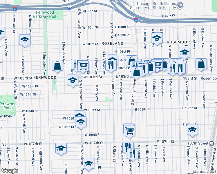 map of restaurants, bars, coffee shops, grocery stores, and more near 15 West 103rd Place in Chicago