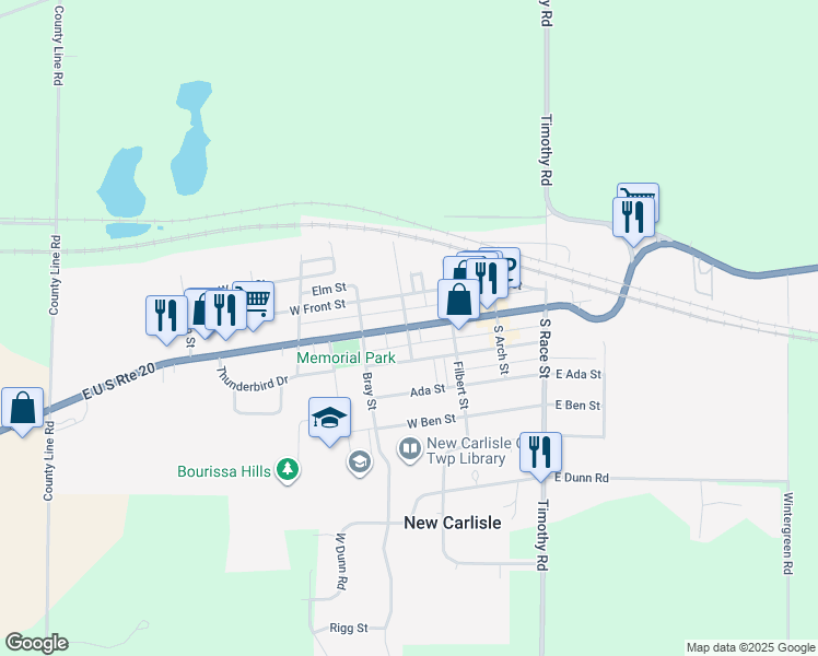 map of restaurants, bars, coffee shops, grocery stores, and more near 198 West Michigan Street in New Carlisle