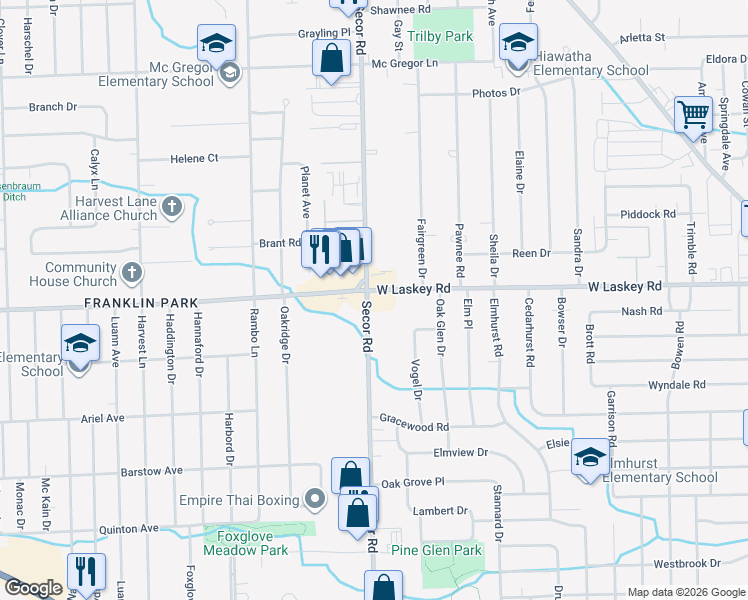 map of restaurants, bars, coffee shops, grocery stores, and more near 3265 West Laskey Road in Toledo
