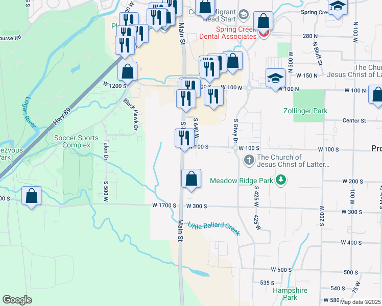map of restaurants, bars, coffee shops, grocery stores, and more near 654 West 100 South in Providence