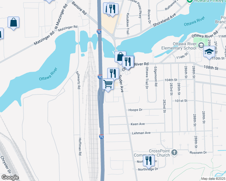 map of restaurants, bars, coffee shops, grocery stores, and more near 4633 Suder Avenue in Toledo