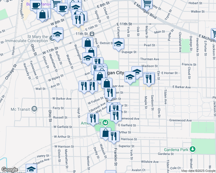 map of restaurants, bars, coffee shops, grocery stores, and more near 130 East Barker Avenue in Michigan City