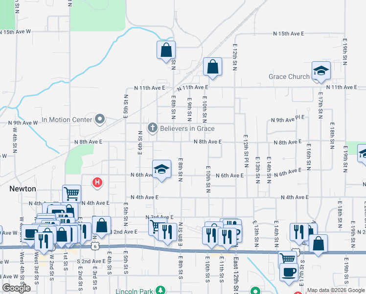 map of restaurants, bars, coffee shops, grocery stores, and more near 726 East 8th Street North in Newton