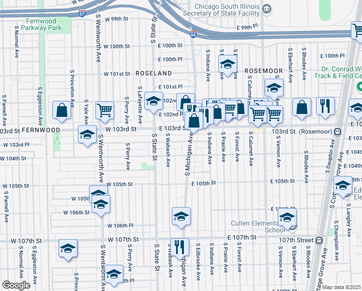 map of restaurants, bars, coffee shops, grocery stores, and more near 59 East 103rd Place in Chicago