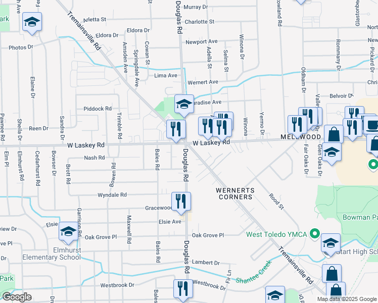map of restaurants, bars, coffee shops, grocery stores, and more near 4936 Douglas Road in Toledo