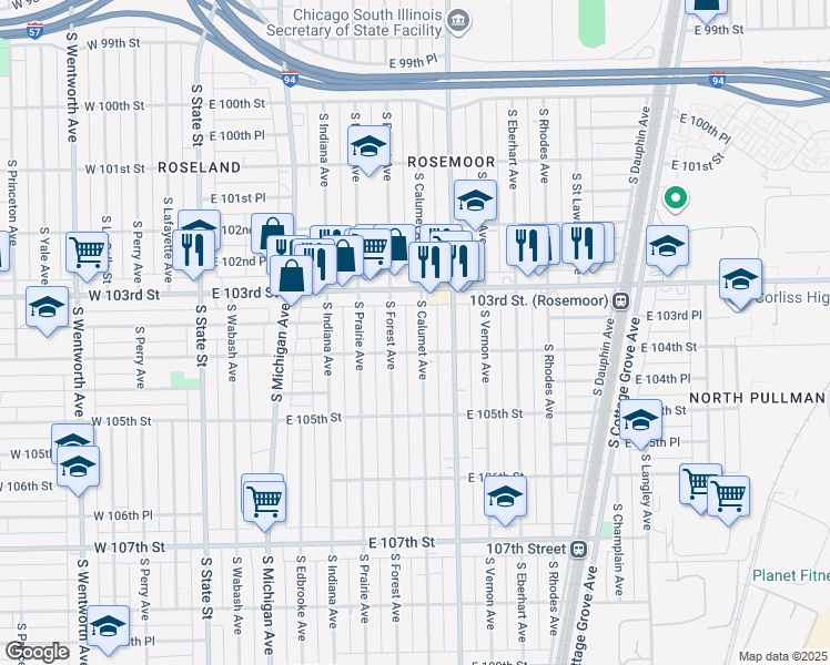 map of restaurants, bars, coffee shops, grocery stores, and more near 10342 South Calumet Avenue in Chicago