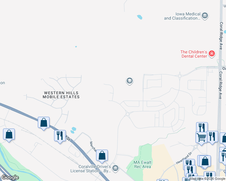 map of restaurants, bars, coffee shops, grocery stores, and more near Jones Boulevard in Coralville