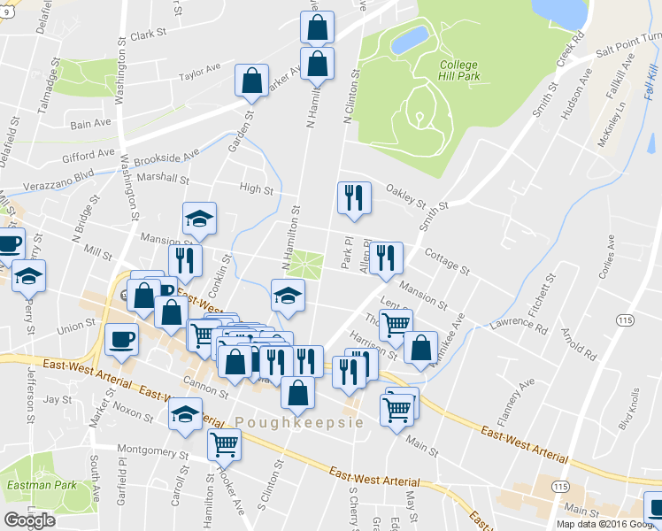 map of restaurants, bars, coffee shops, grocery stores, and more near 201 Mansion Street in Poughkeepsie