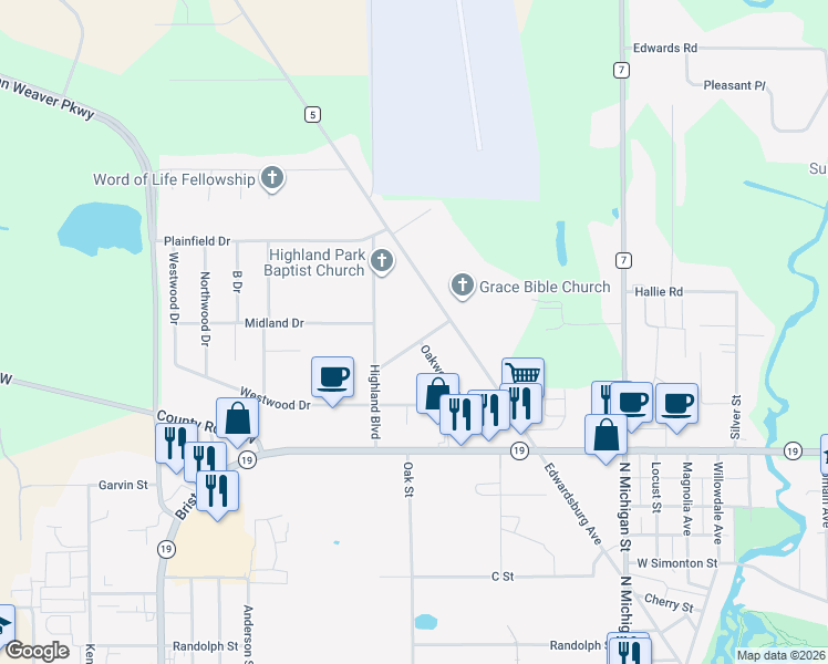 map of restaurants, bars, coffee shops, grocery stores, and more near 27409 Sunnyfield Drive in Elkhart