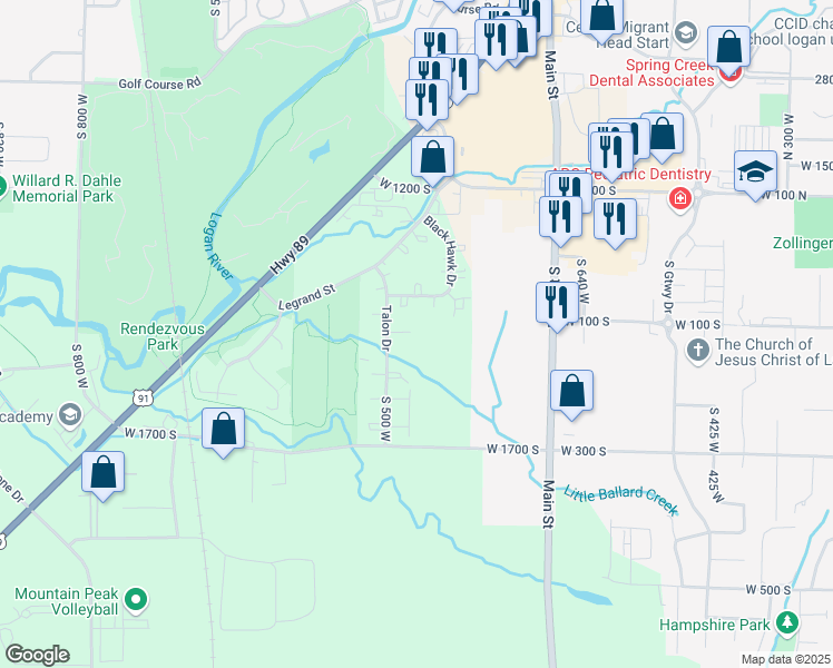 map of restaurants, bars, coffee shops, grocery stores, and more near 219 West 1458 South in Logan