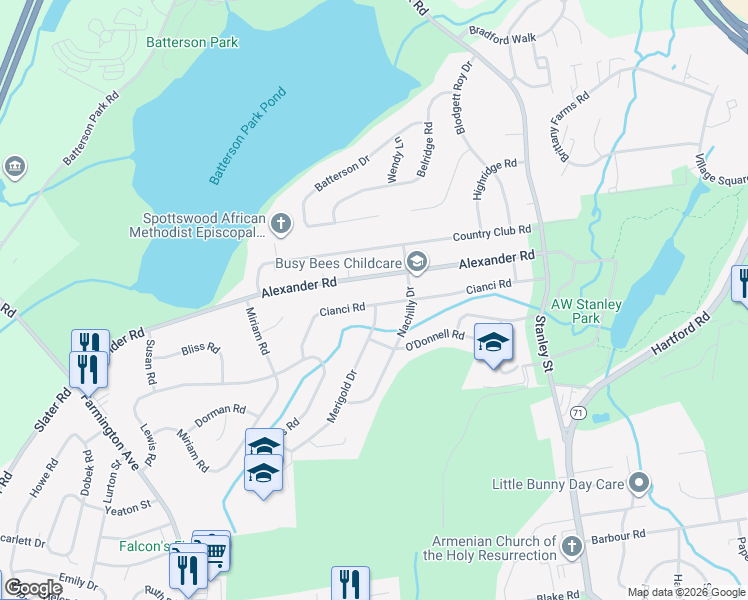 map of restaurants, bars, coffee shops, grocery stores, and more near 193 Cianci Road in New Britain