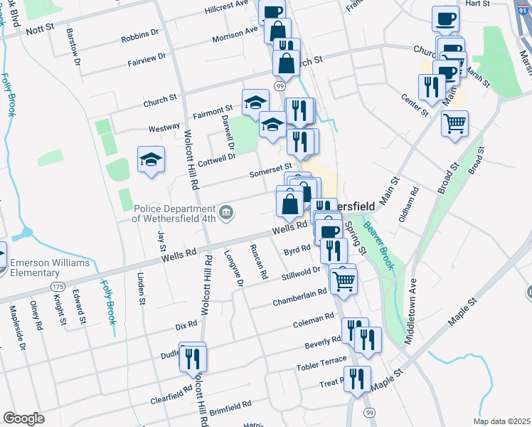 map of restaurants, bars, coffee shops, grocery stores, and more near 22 Emerson Street in Wethersfield
