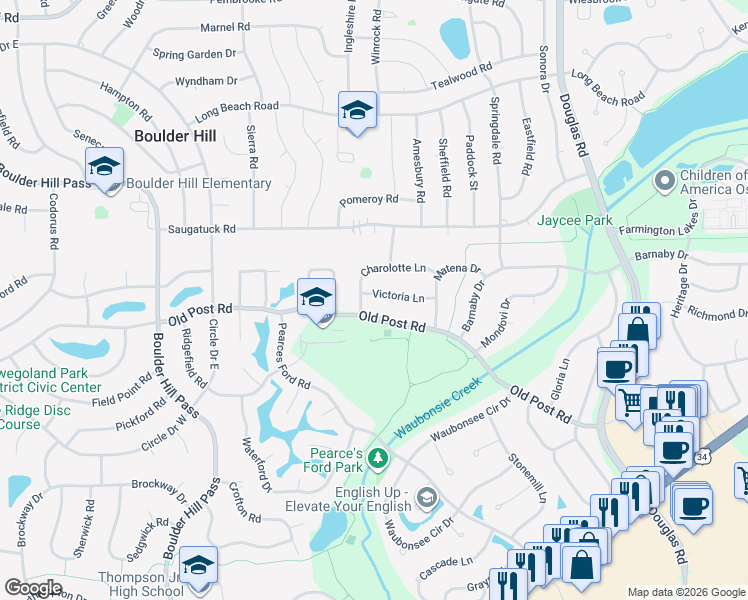 map of restaurants, bars, coffee shops, grocery stores, and more near 502 Victoria Lane in Oswego
