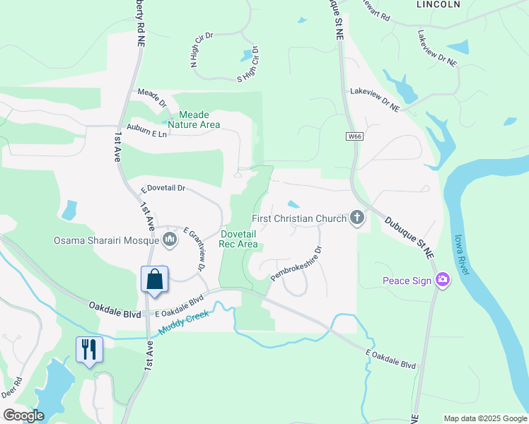 map of restaurants, bars, coffee shops, grocery stores, and more near 2300 Flintshire View in Coralville