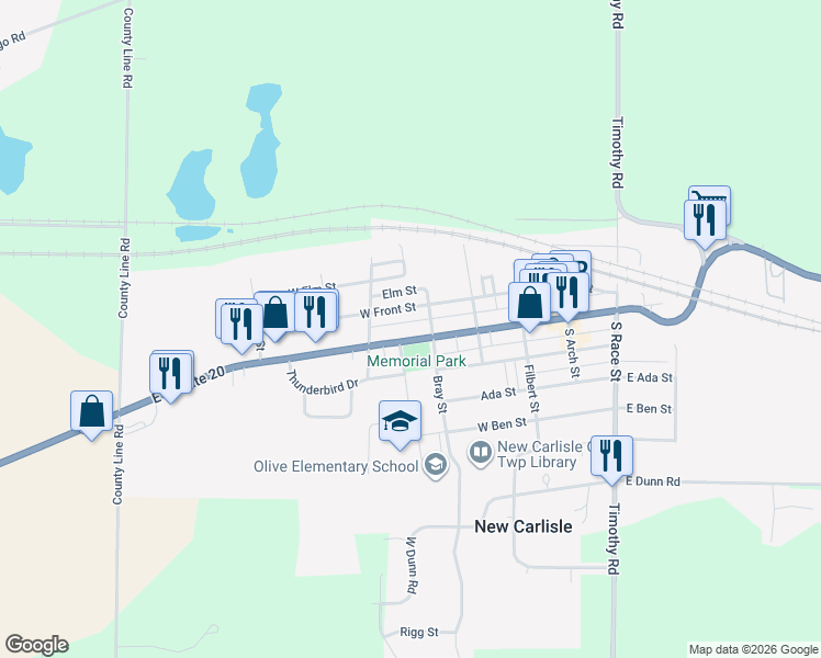map of restaurants, bars, coffee shops, grocery stores, and more near 301-321 W Michigan St in New Carlisle
