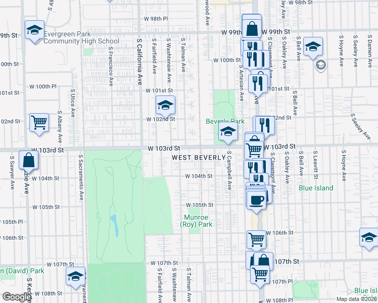 map of restaurants, bars, coffee shops, grocery stores, and more near 2609 West 103rd Street in Chicago