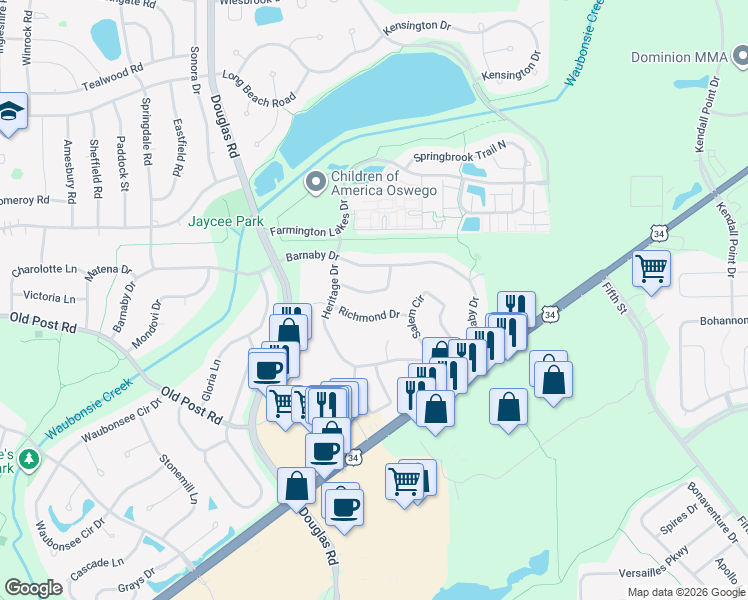 map of restaurants, bars, coffee shops, grocery stores, and more near 712 Cornell Drive in Oswego