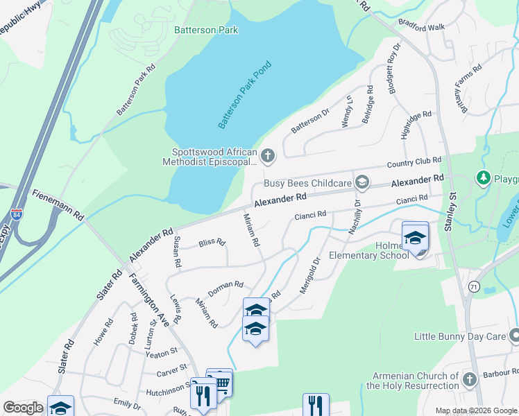 map of restaurants, bars, coffee shops, grocery stores, and more near 326 Alexander Road in New Britain