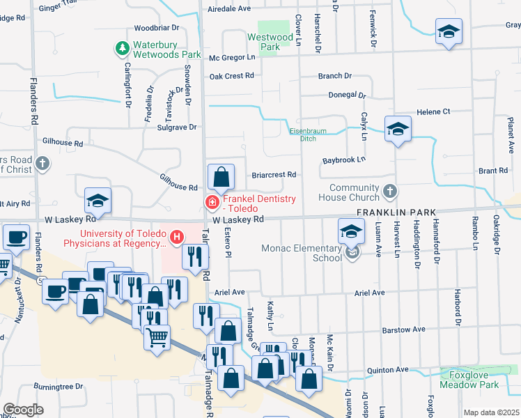 map of restaurants, bars, coffee shops, grocery stores, and more near 4144 West Laskey Road in Toledo