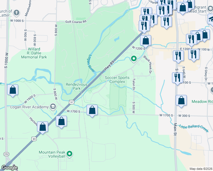 map of restaurants, bars, coffee shops, grocery stores, and more near 1320 Country Manor Drive in Logan