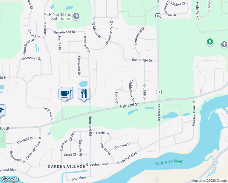 map of restaurants, bars, coffee shops, grocery stores, and more near 1563 Stone Court in Elkhart