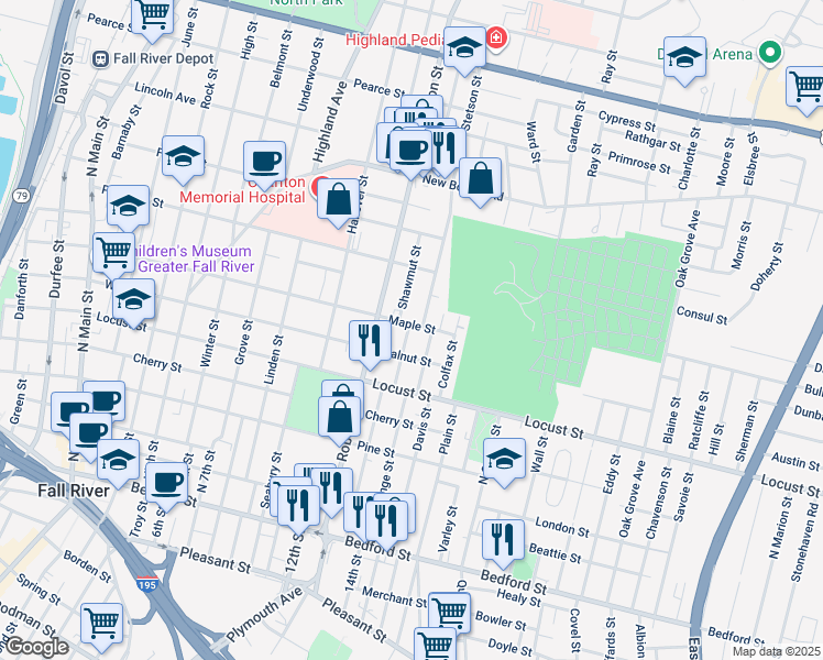 map of restaurants, bars, coffee shops, grocery stores, and more near 123 Home Street in Fall River