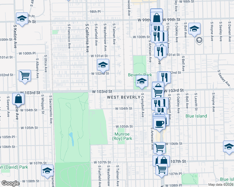 map of restaurants, bars, coffee shops, grocery stores, and more near 2609 West 103rd Street in Chicago
