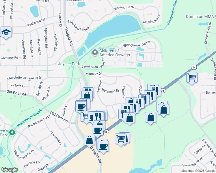 map of restaurants, bars, coffee shops, grocery stores, and more near 712 Cornell Drive in Oswego