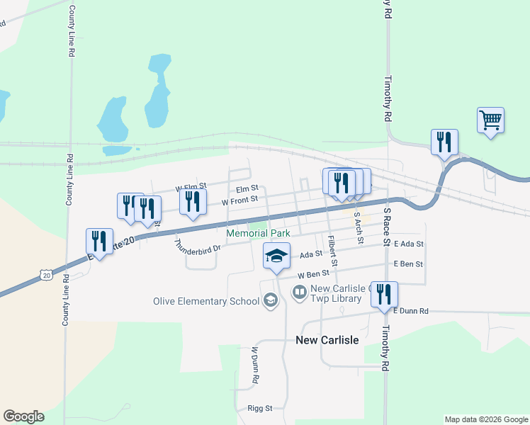 map of restaurants, bars, coffee shops, grocery stores, and more near 301 West Michigan Street in New Carlisle