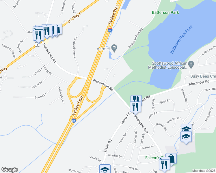 map of restaurants, bars, coffee shops, grocery stores, and more near 1040 Fienemann Road in New Britain