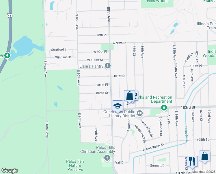 map of restaurants, bars, coffee shops, grocery stores, and more near 10140 South 88th Avenue in Palos Hills