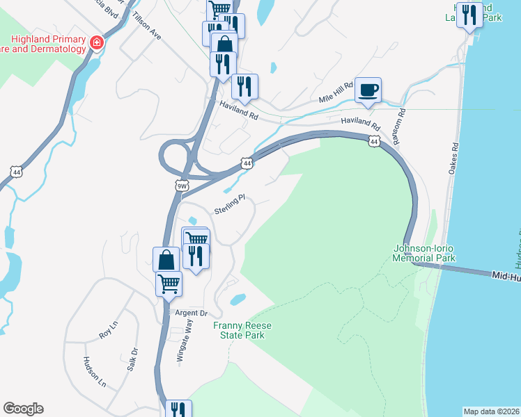 map of restaurants, bars, coffee shops, grocery stores, and more near 186 Sterling Place in Highland