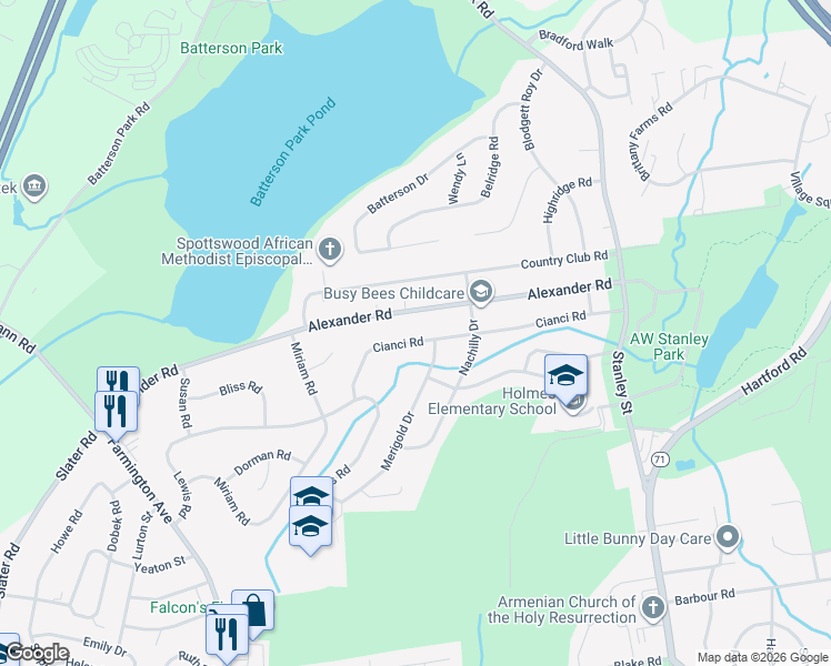 map of restaurants, bars, coffee shops, grocery stores, and more near 229 Cianci Road in New Britain