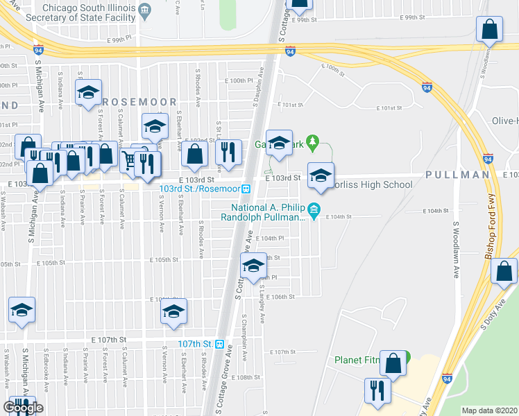 map of restaurants, bars, coffee shops, grocery stores, and more near 10345 South Cottage Grove Avenue in Chicago