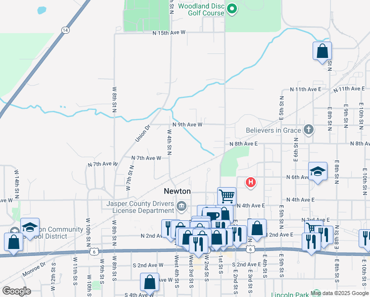 map of restaurants, bars, coffee shops, grocery stores, and more near 818 West 4th Street North in Newton