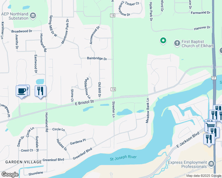 map of restaurants, bars, coffee shops, grocery stores, and more near 54273 County Road 15 in Elkhart