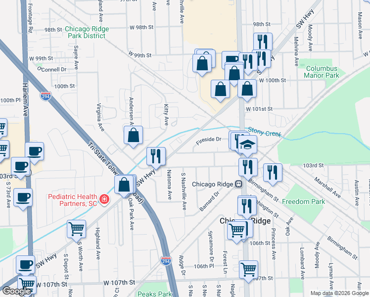 map of restaurants, bars, coffee shops, grocery stores, and more near 6600 102nd Place in Chicago Ridge