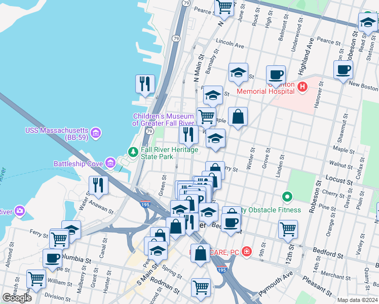 map of restaurants, bars, coffee shops, grocery stores, and more near 190 Cherry Street in Fall River