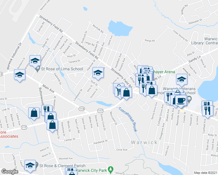 map of restaurants, bars, coffee shops, grocery stores, and more near 70 Turner Street in Warwick