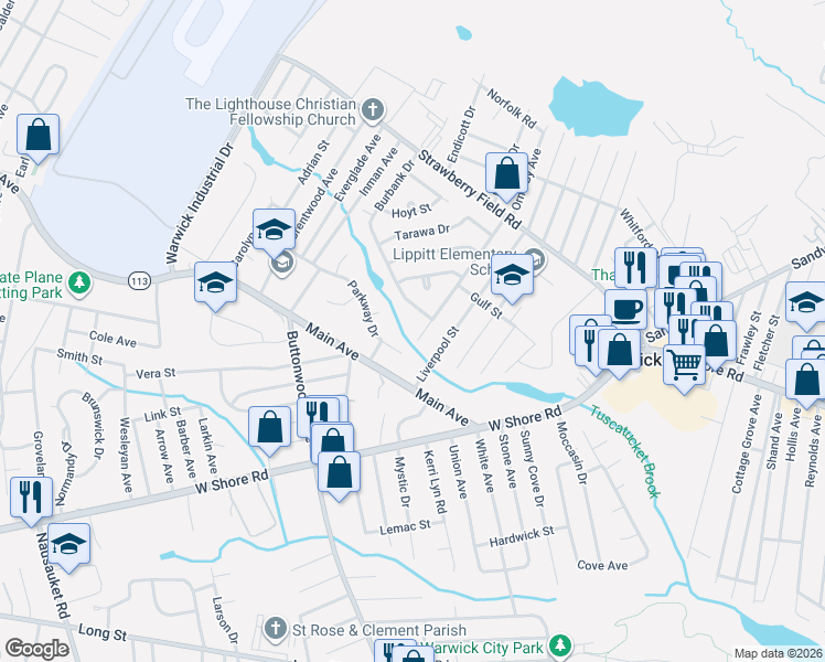 map of restaurants, bars, coffee shops, grocery stores, and more near 167 Hanover Street in Warwick