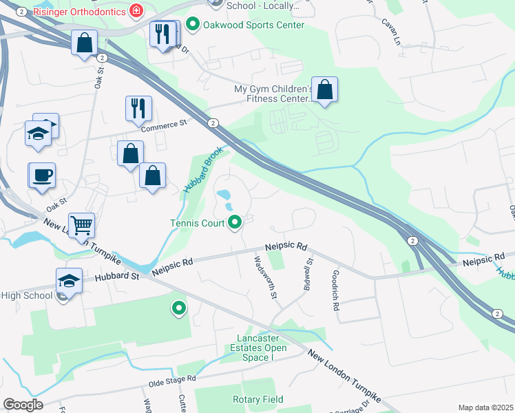 map of restaurants, bars, coffee shops, grocery stores, and more near 154 Georgetown Drive in Glastonbury